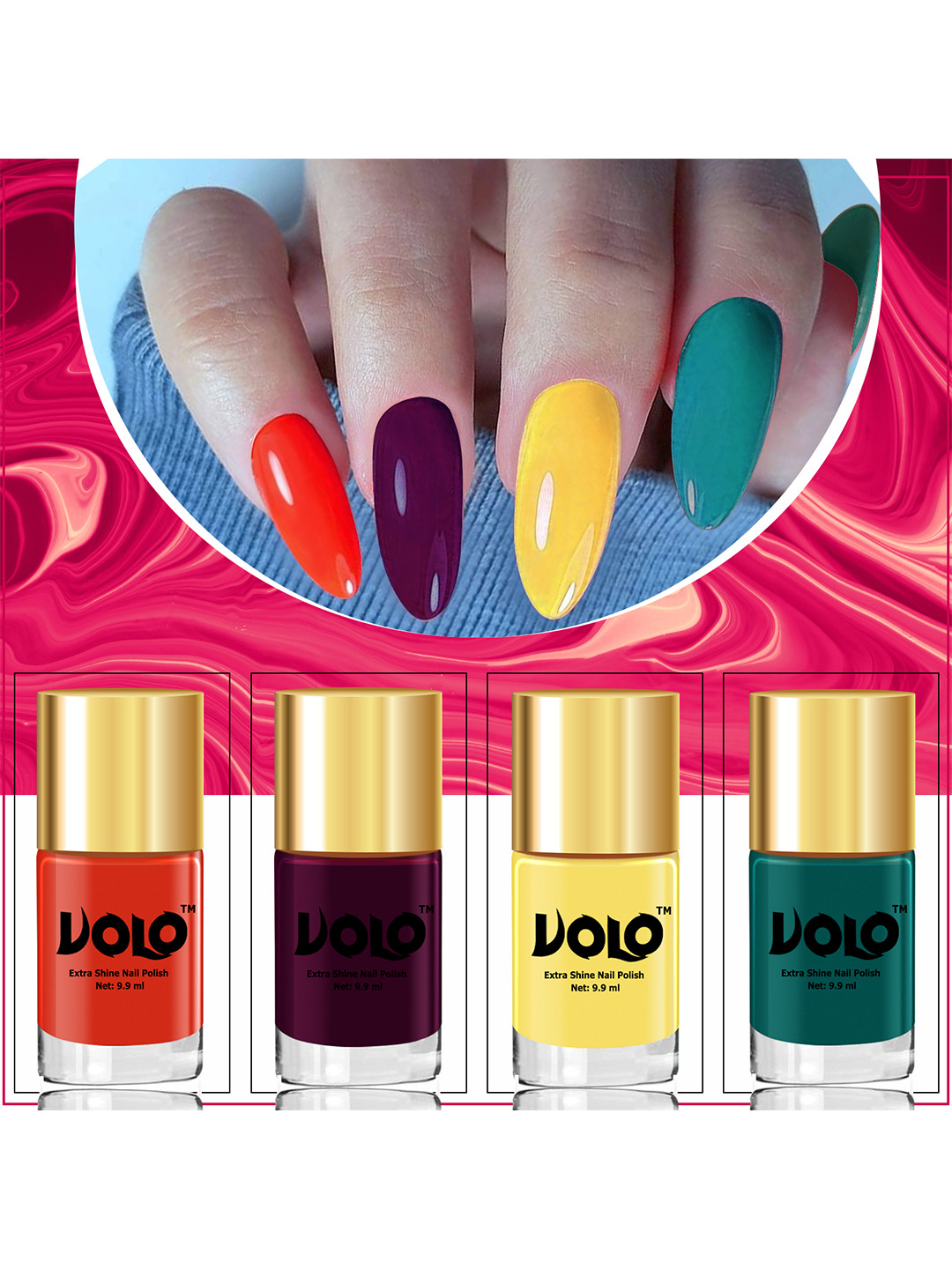 VOLO Set of 4 HD Colors High-Shine Nail Polish-9ml Each-Wine-Yellow-Coral-Radium Green