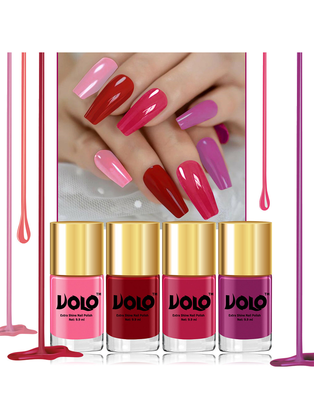 VOLO Set Of 4 Extra Shine Nail Polish 9.9 ml Each-Tomato Red-Pink-Magenta-Bright Plum