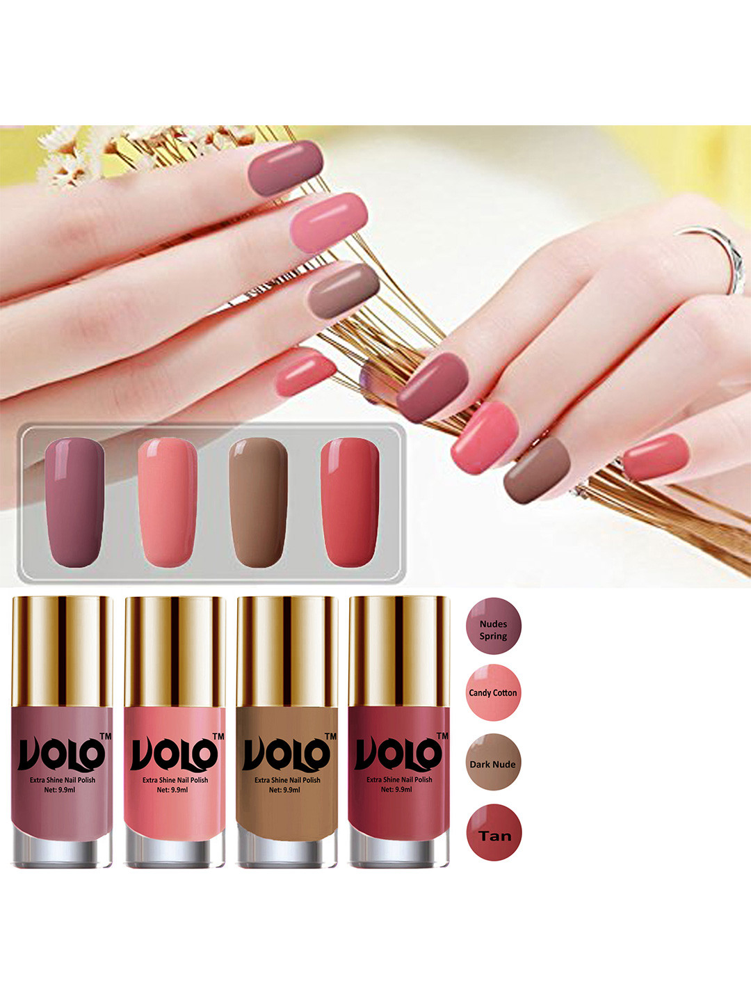 VOLO Set Of 4 Nail Polish-9.9ml Each-Tan-Dark Nude-Nudes Spring-Candy Cotton