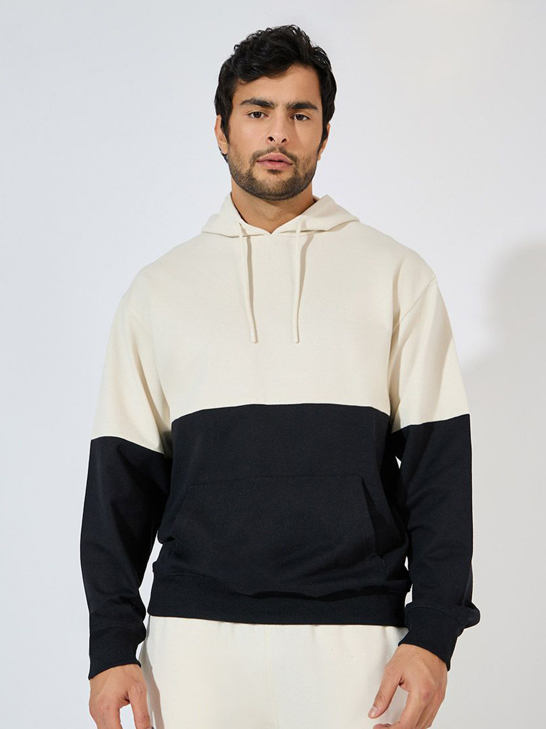 Styli Men Colourblocked Terry Cotton Eco Earth Relaxed Fit Pullover Hoodie with Kangaroo Pockets