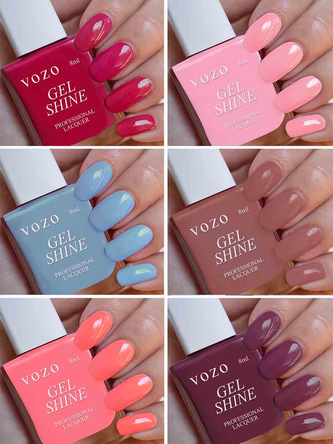 VOZO Set Of 6 Boss of Gloss Shine Ultra Lasting Nail Polish- 8ml Magenta- Pink- Soft Blue