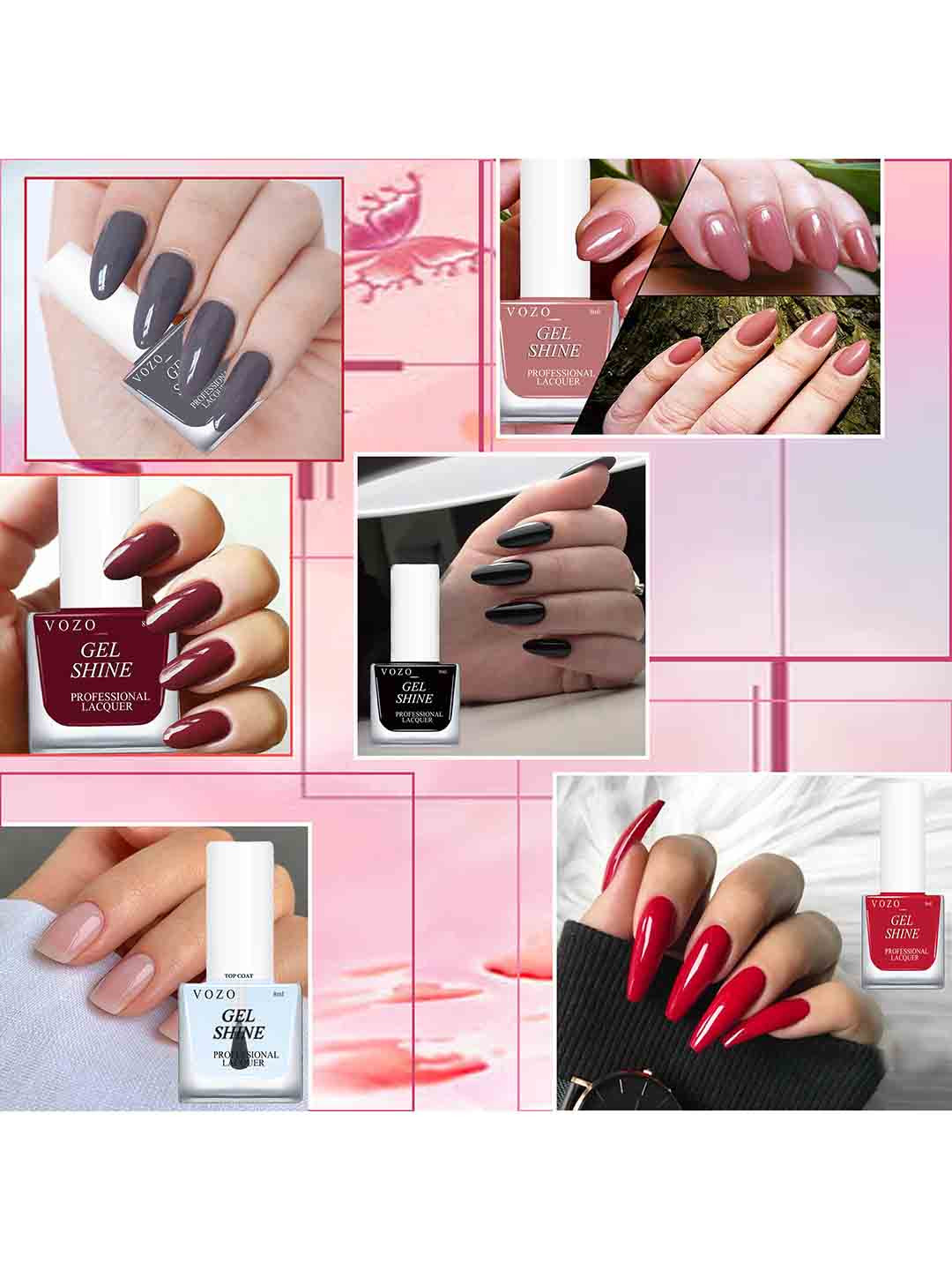 VOZO Set Of 6 Gel Shine Nail Polish 8 ml Each Wines Maroon-Red-Gold-Grey-Top Coat-Black