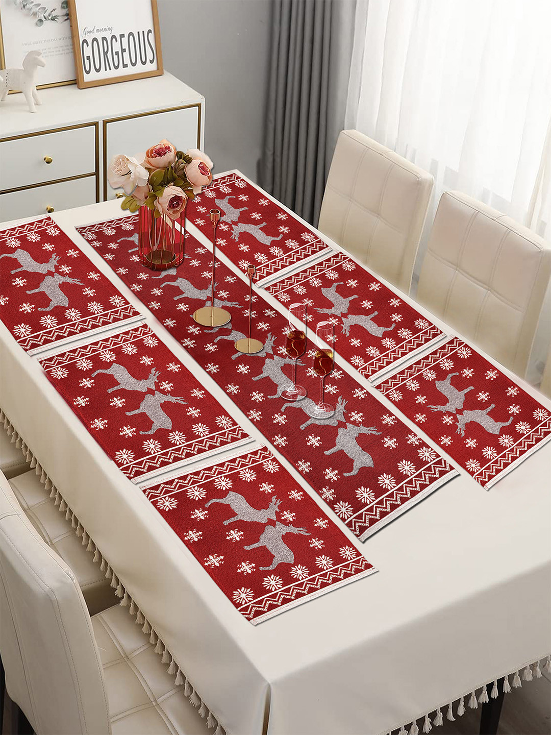 ANA Red & White 7 Pieces Woven Christmas Deer Table Placemats With Runner Set