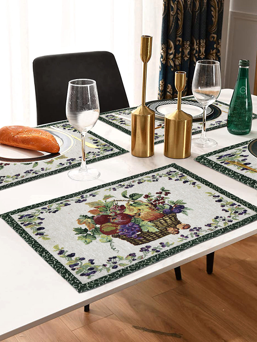ANA Green & White 4 Pieces Jacquard Woven Floral Table Placemats