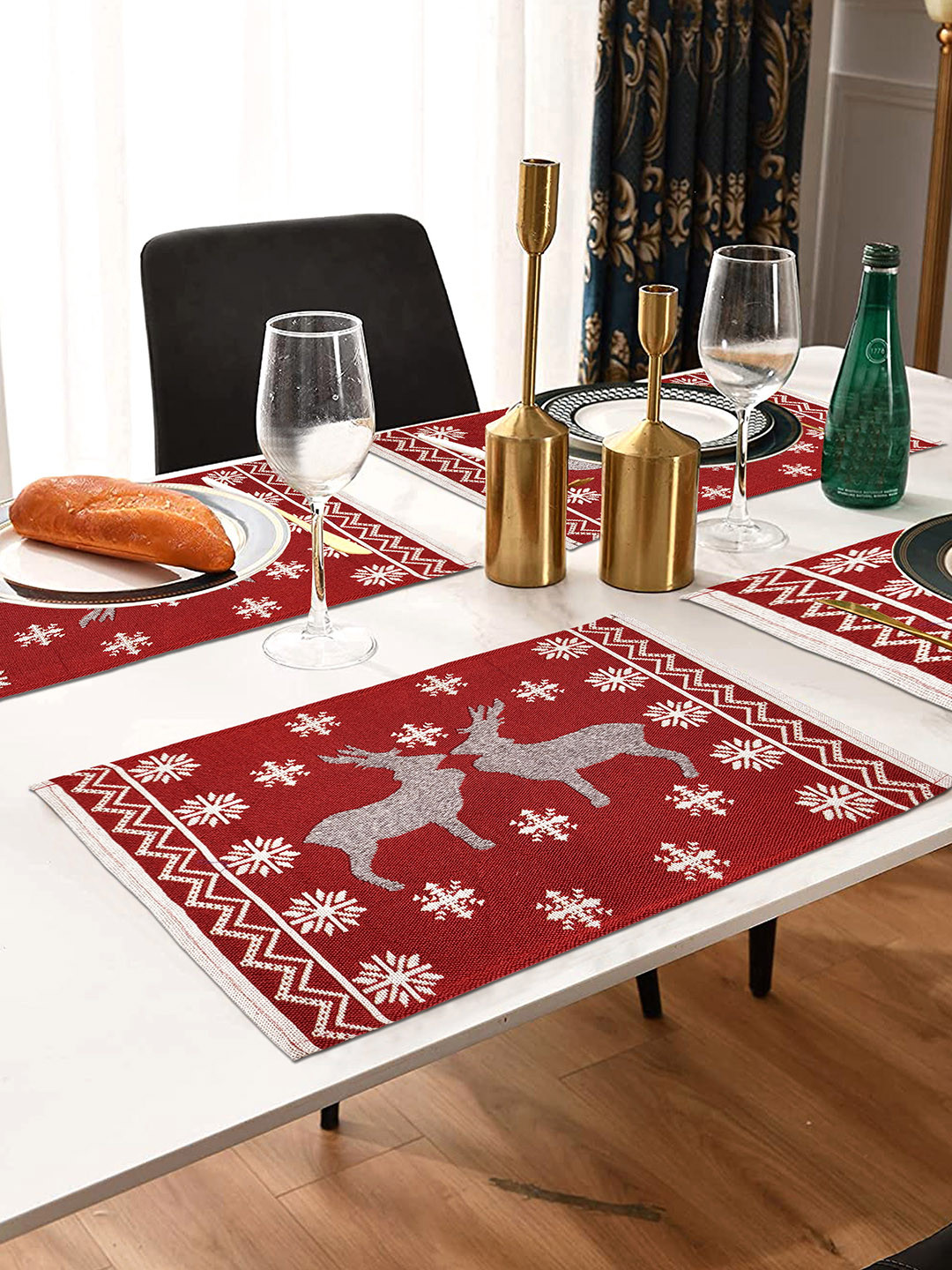 ANA Red & White 4 Pieces Jacquard Woven Christmas Deer Table Placemats