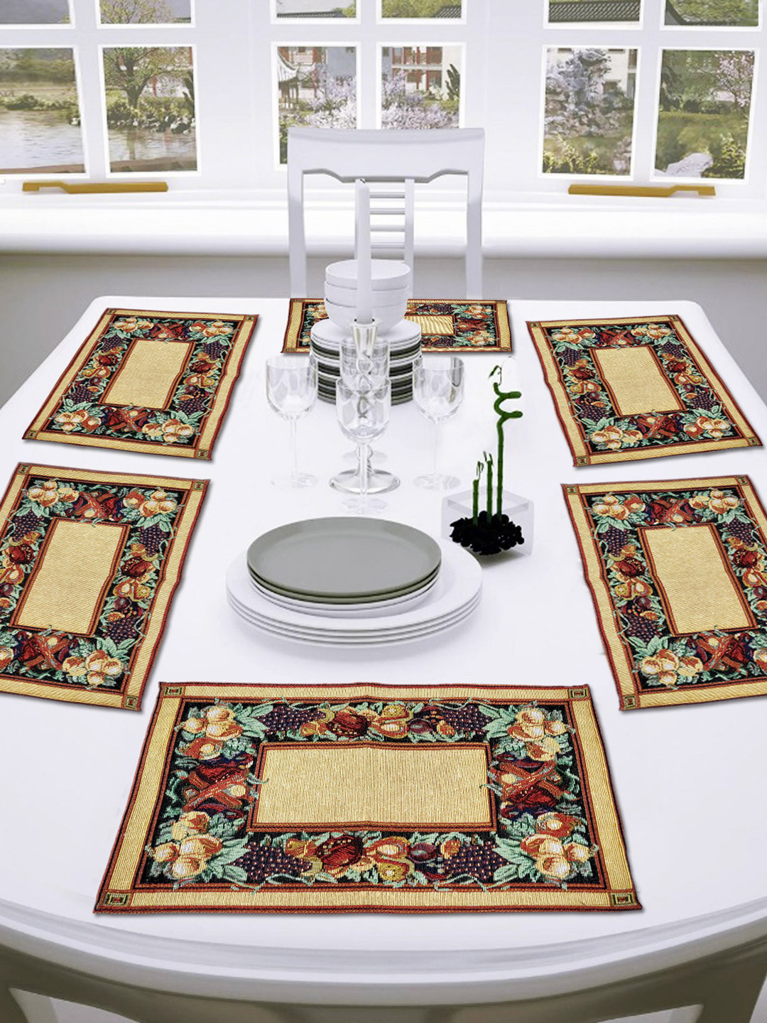 ANA Beige & Blue 6 Pieces Jacquard Woven Floral Table Placemats