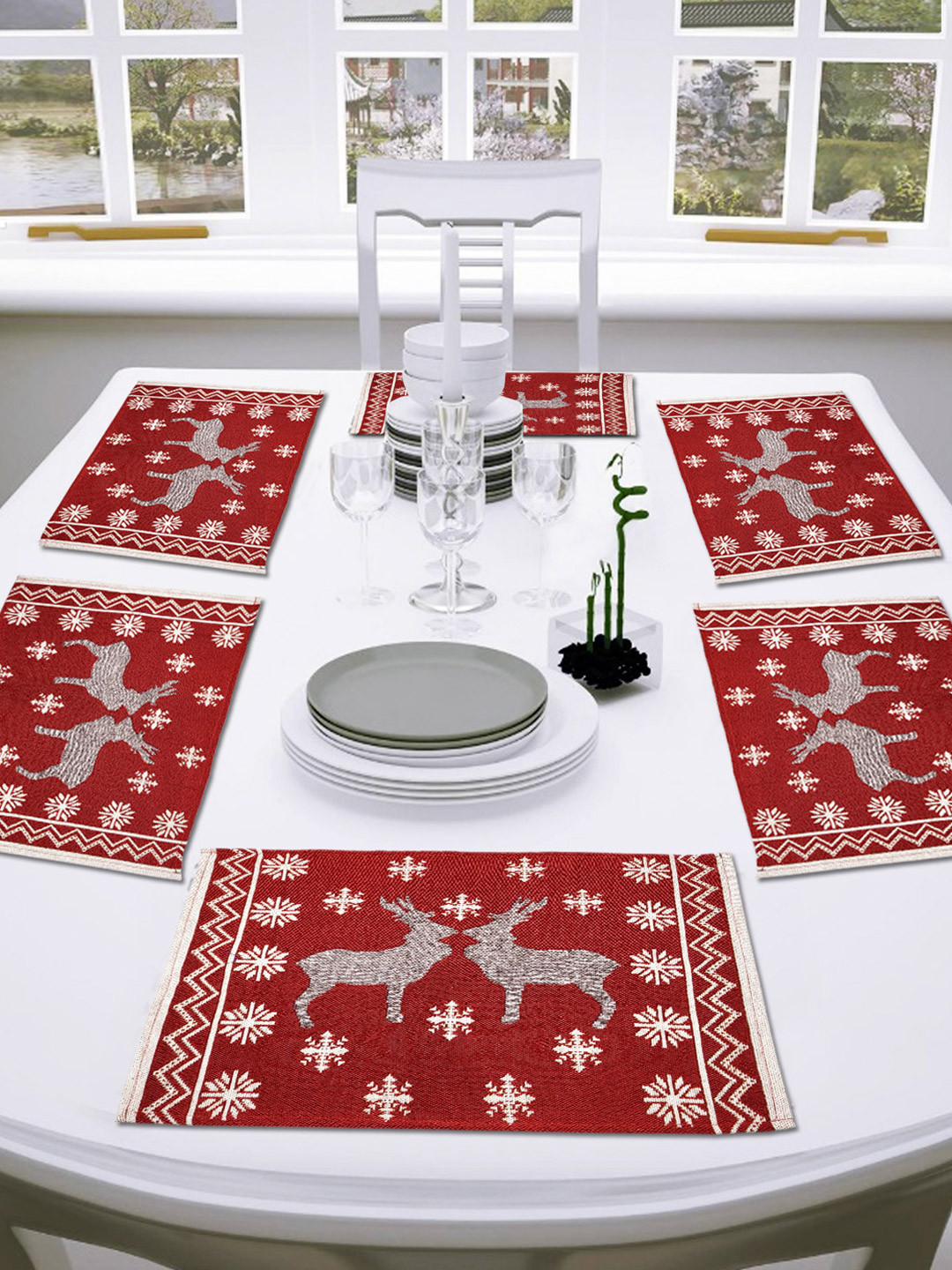 ANA Red & White 6 Pieces Jacquard Woven Christmas Deer Table Placemats