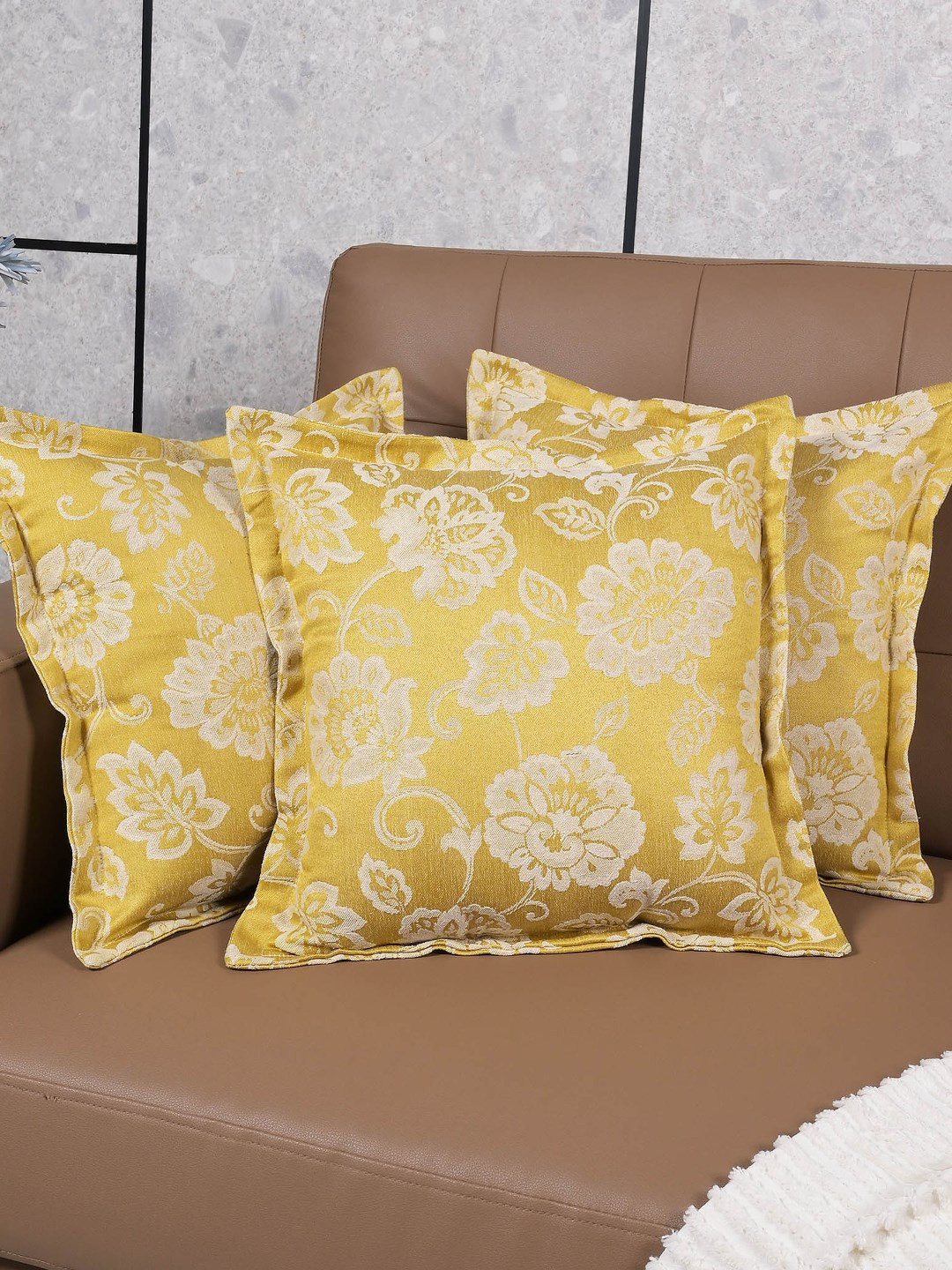 Saral Home Floral Yellow Floral Cotton 3 Pcs Patchwork Square Cushion Covers -15.7x15.7In