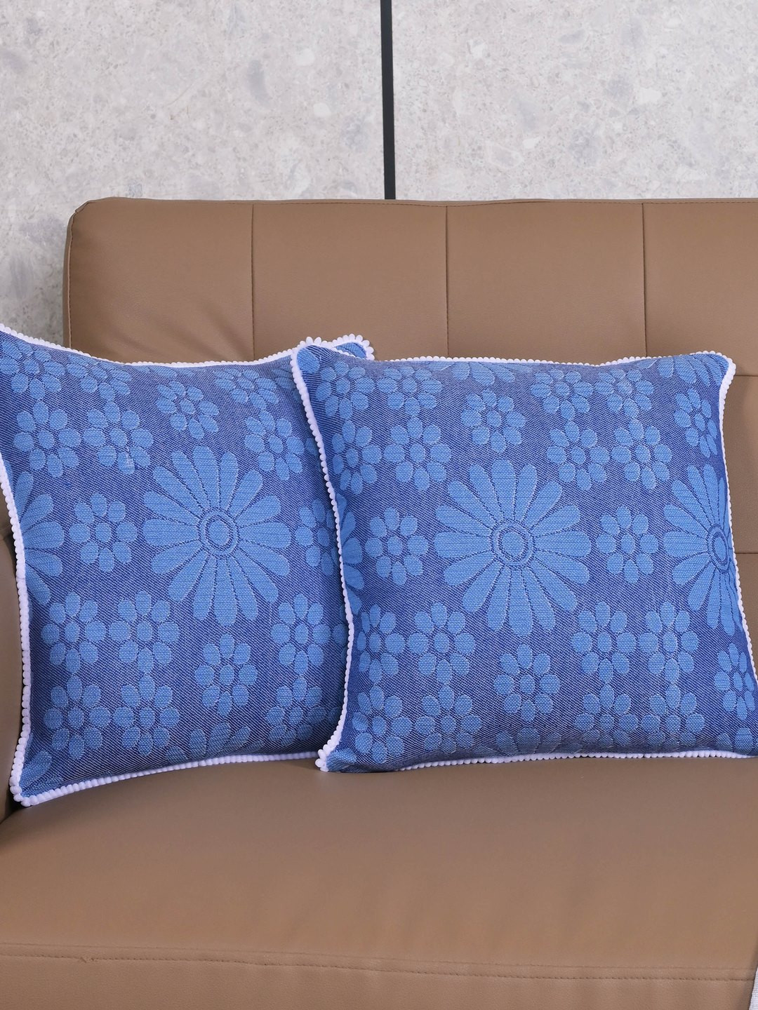 Saral Home Blue & White 2 Pieces Floral Printed Chitki Cotton Square Cushion Covers