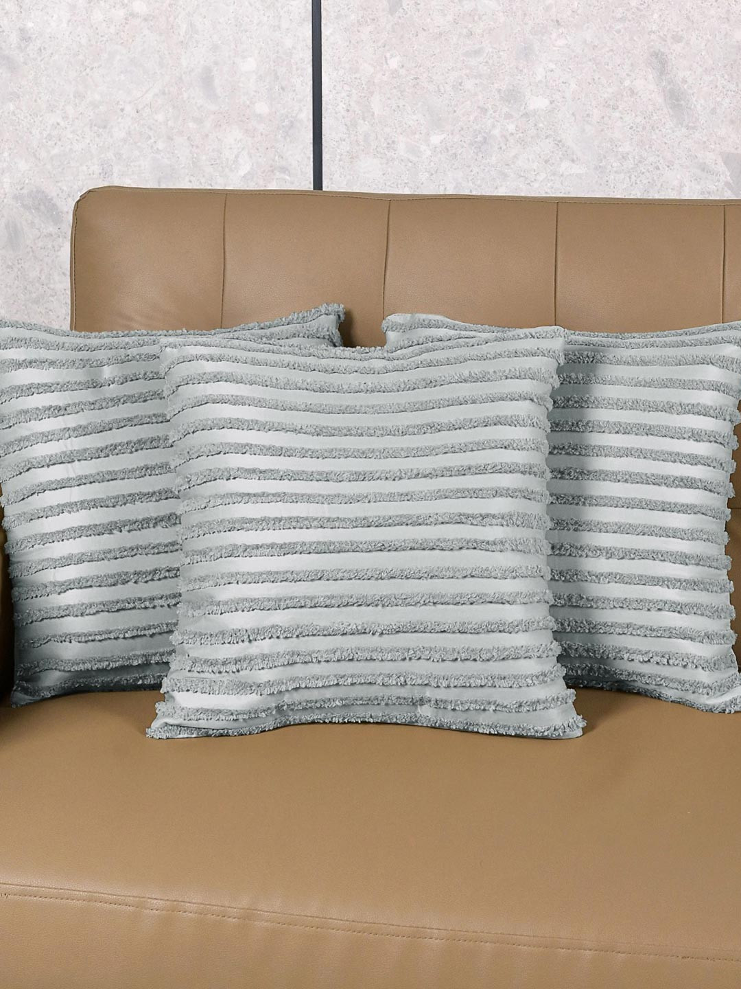 Saral Home Grey Microfiber Washable 3 Piece Embroidered Square Cushion Covers -16x16In