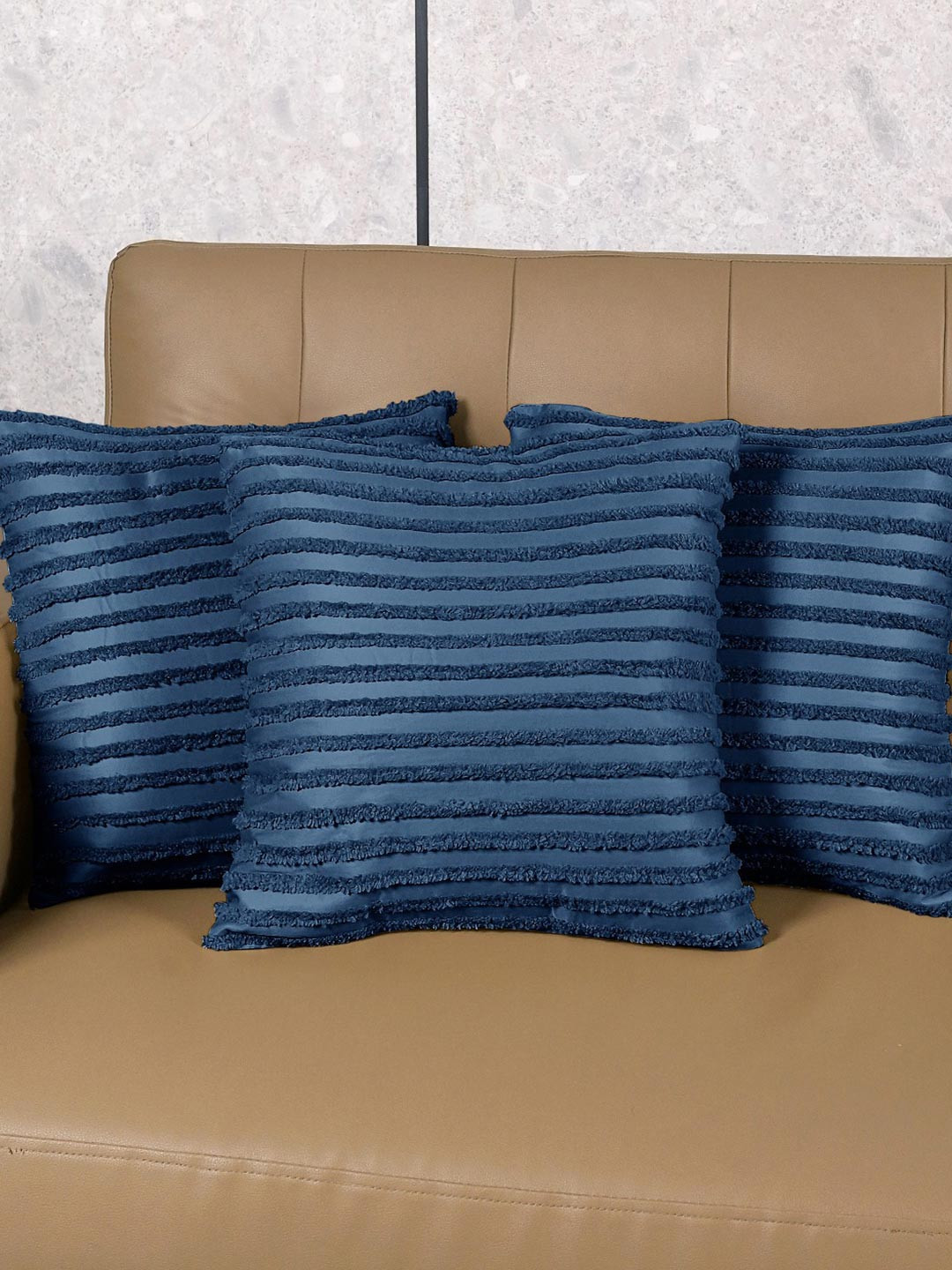 Saral Home Blue 3 Pieces Axis Striped Microfiber Square Cushion Covers