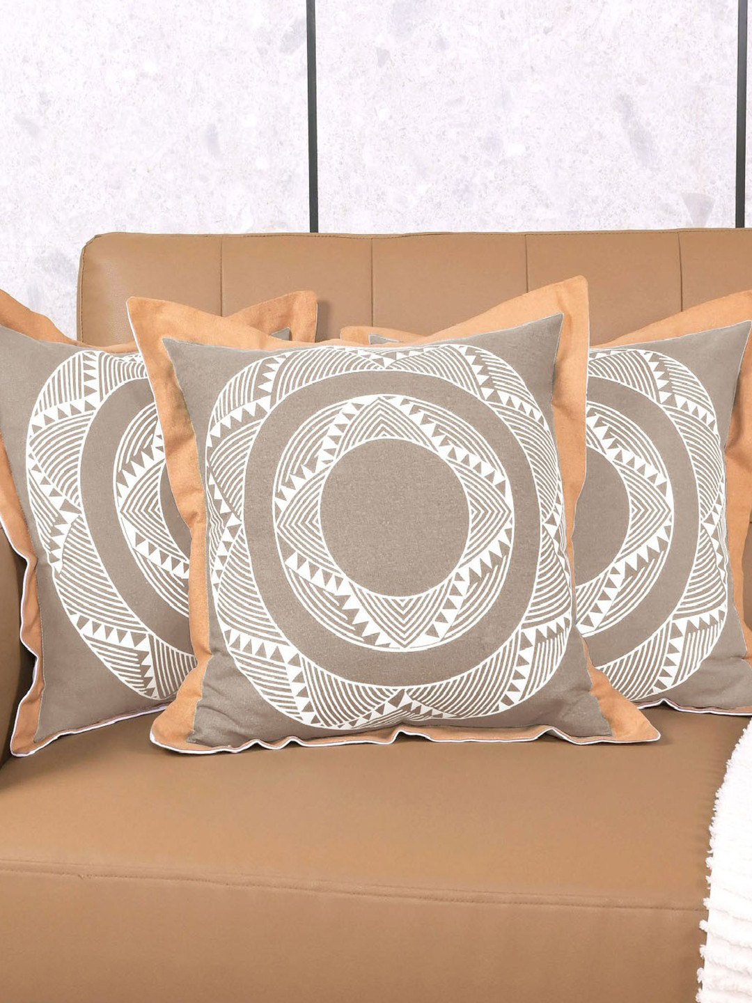 Saral Home Beige & White 3 Pieces Geometric Mela Cotton Square Cushion Covers
