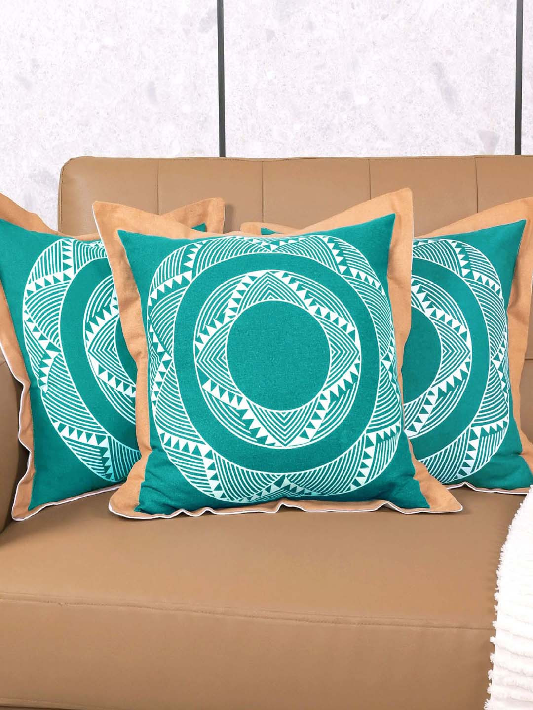 Saral Home Blue & White 3 Pieces Geometric Mela Cotton Square Cushion Covers