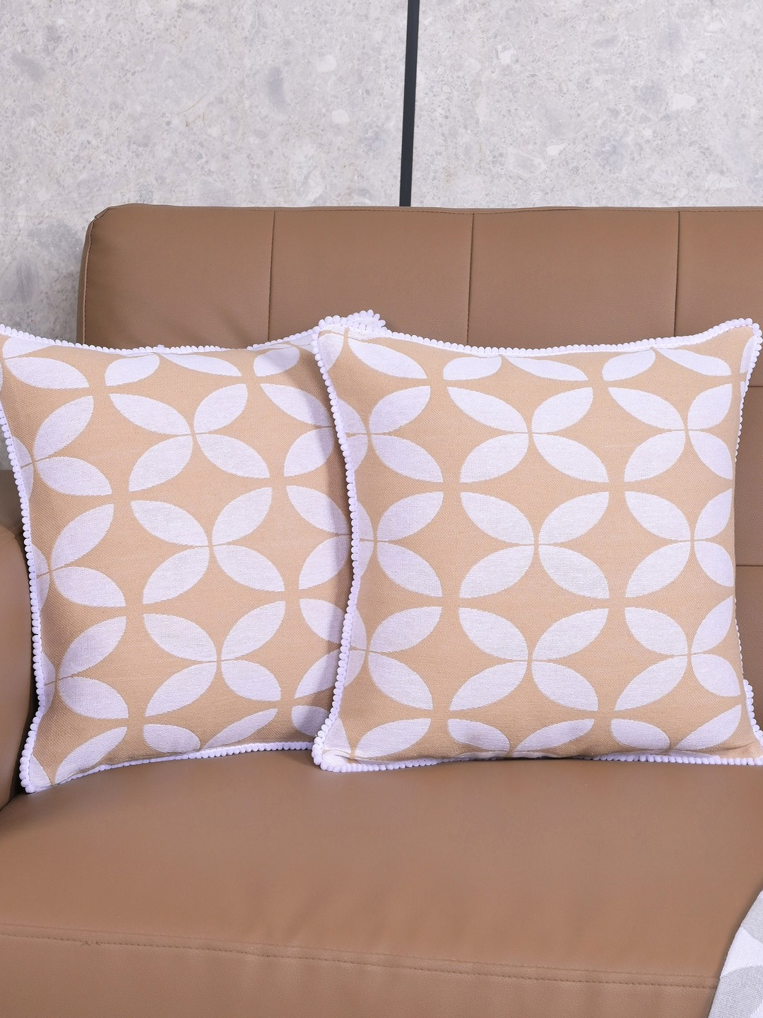 Saral Home Beige Geometric Cotton Breathable 2 Piece Square Cushion Covers -16x16In