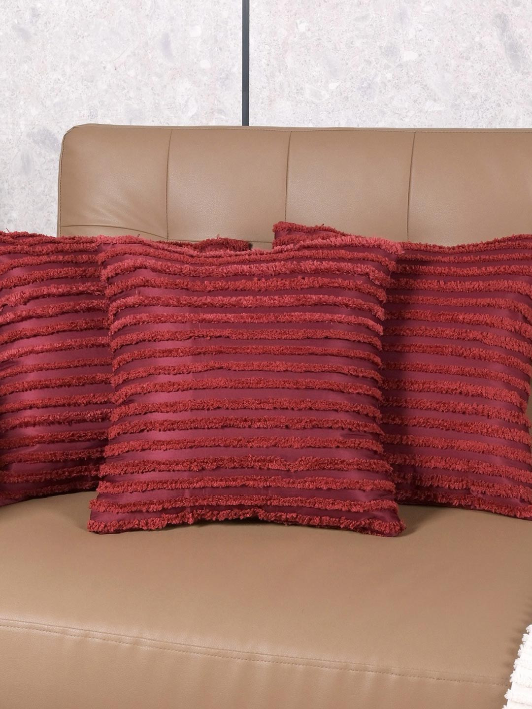 Saral Home Maroon 3 Pieces Axis Striped Microfiber Square Cushion Covers