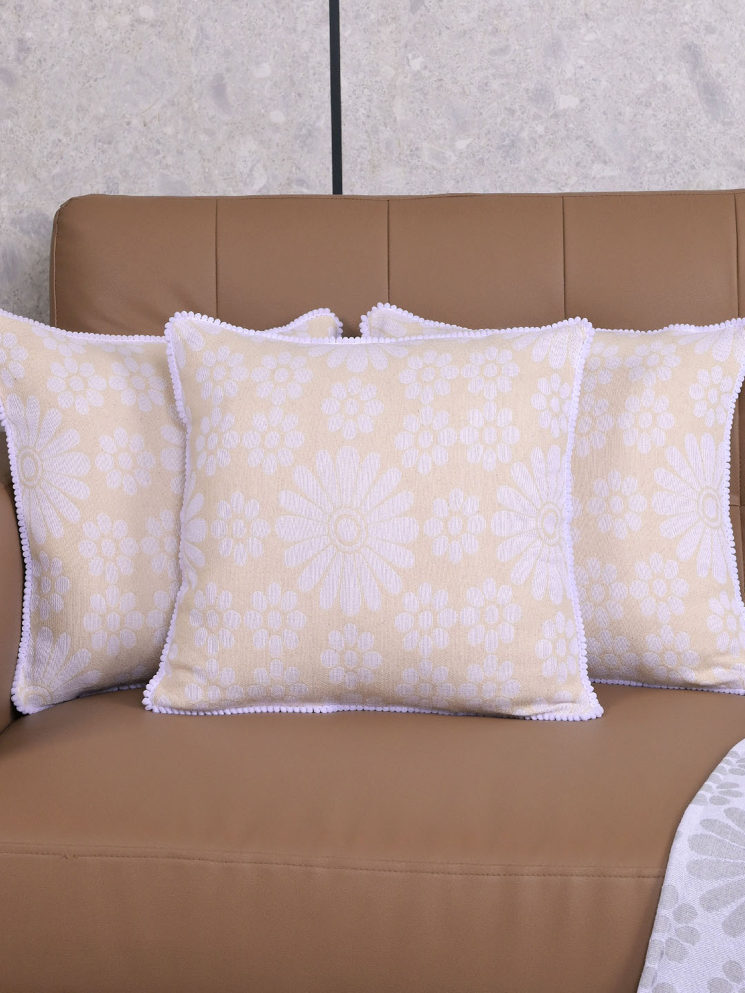 Saral Home White & Beige 3 Pieces Chitki Floral Cotton Square Cushion Covers