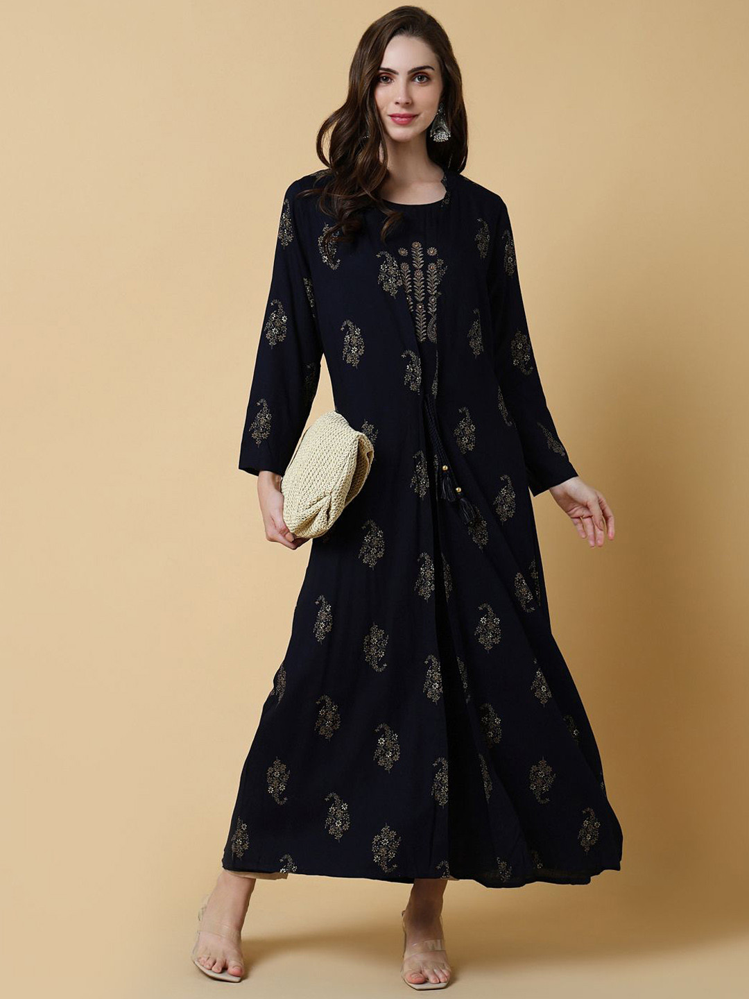 SHOWOFF Ethnic Motifs Printed Coton A Line Kurta With Shrug