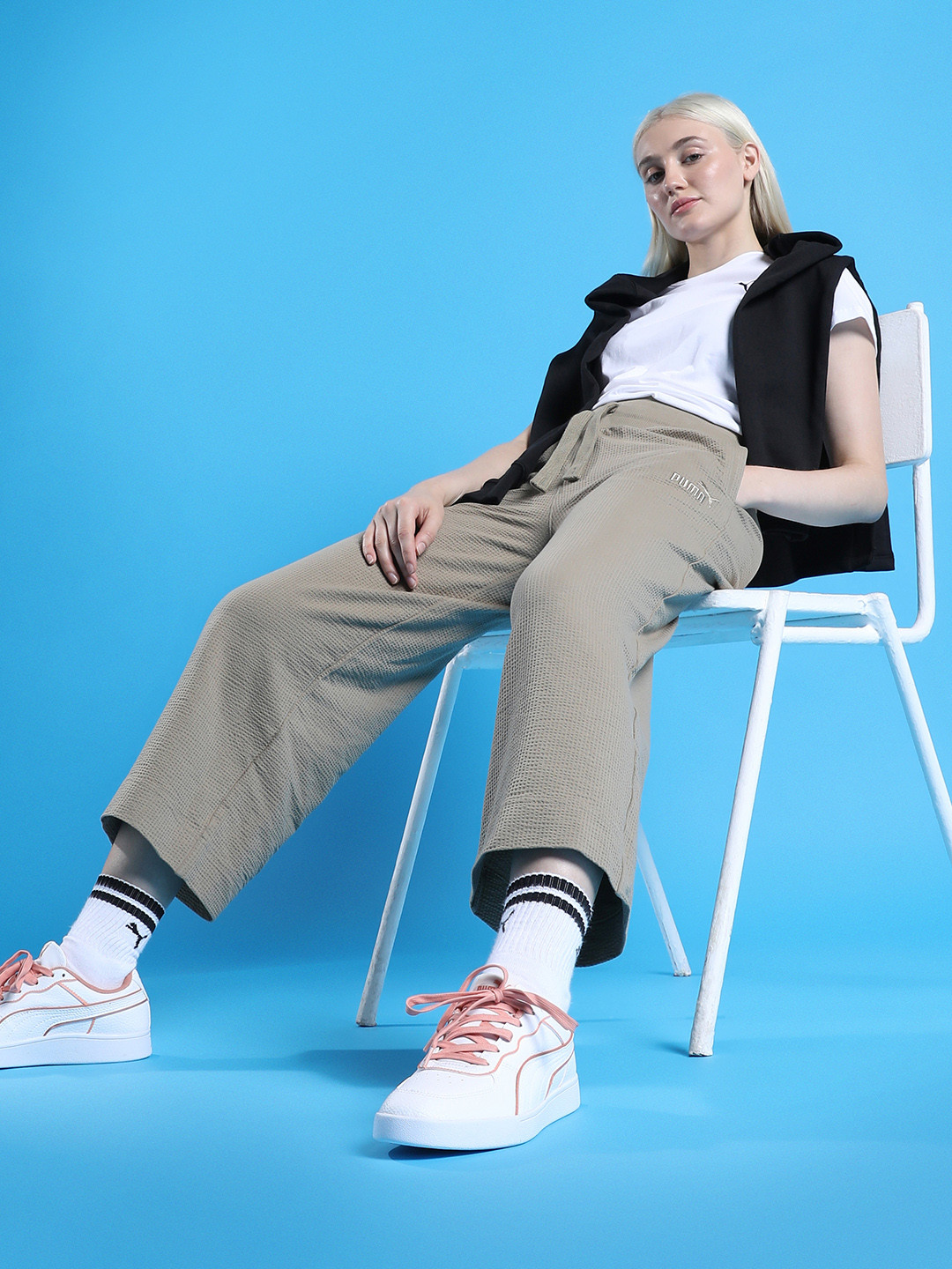 Puma Women Essentials Self-Striped Wide Leg 7/8 Cropped Track Pants