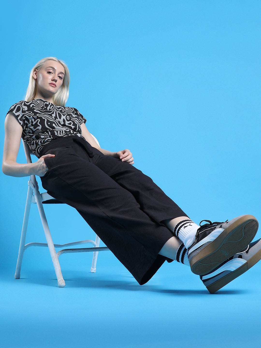 Puma Women Essentials Self-Striped Wide Leg 7/8 Cropped Track Pants