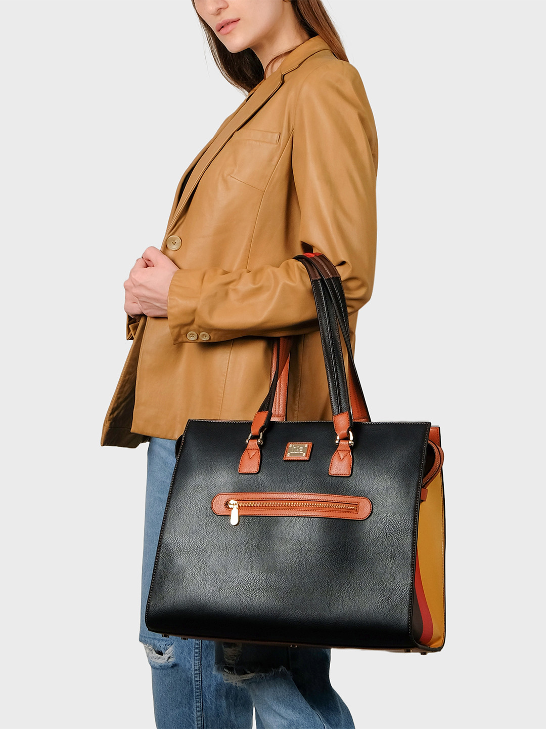 HIE Women Colourblocked Solid Structured Shopper Bag with Shoulder Straps