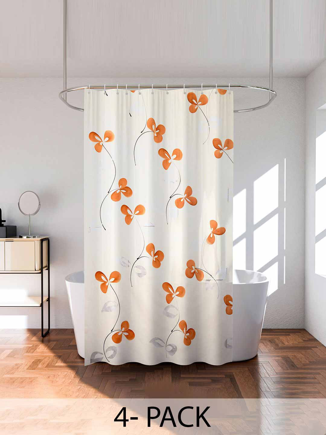 Kuber Industries Cream Colored & Orange 4 Pieces Shower Curtain With 8 Rings