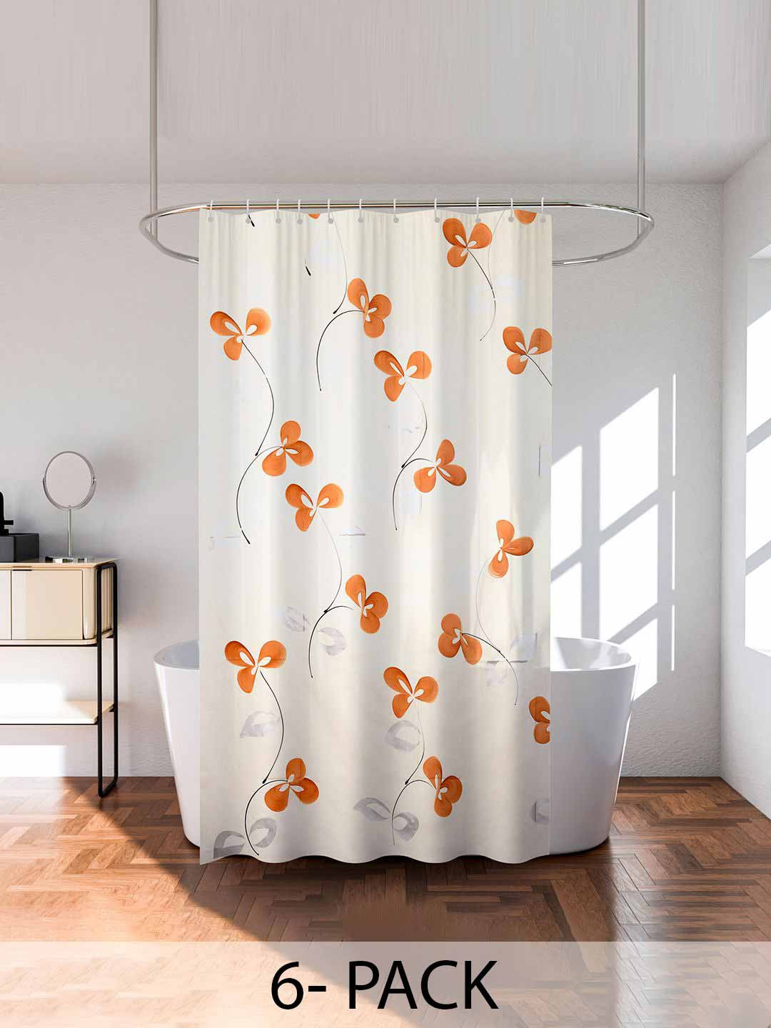 Kuber Industries Cream-Colored & Orange 6 Pieces Printed Shower Curtain With Rings