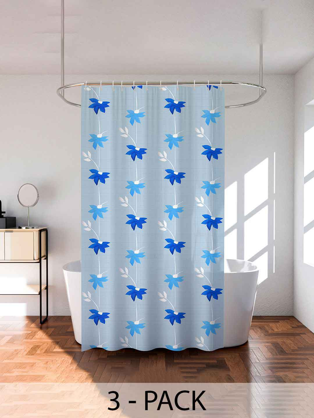 Kuber Industries Blue & White 3 Pieces Floral Printed Shower Curtain