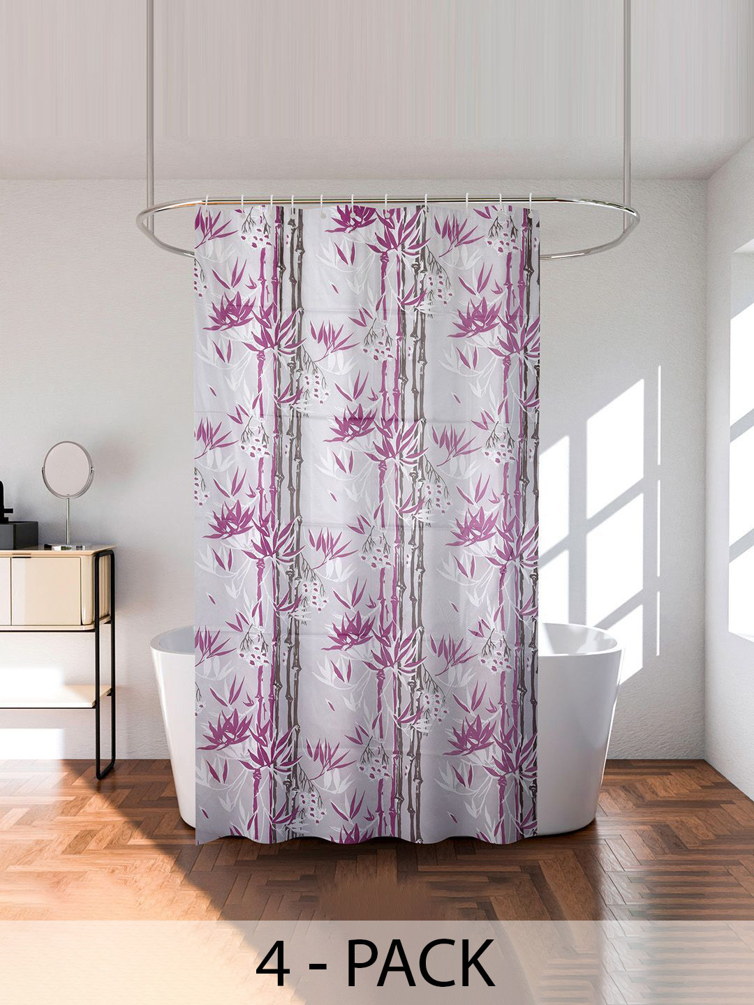 Kuber Industries Purple & Grey 4 Pieces Bamboo Printed Shower Curtain With Rings