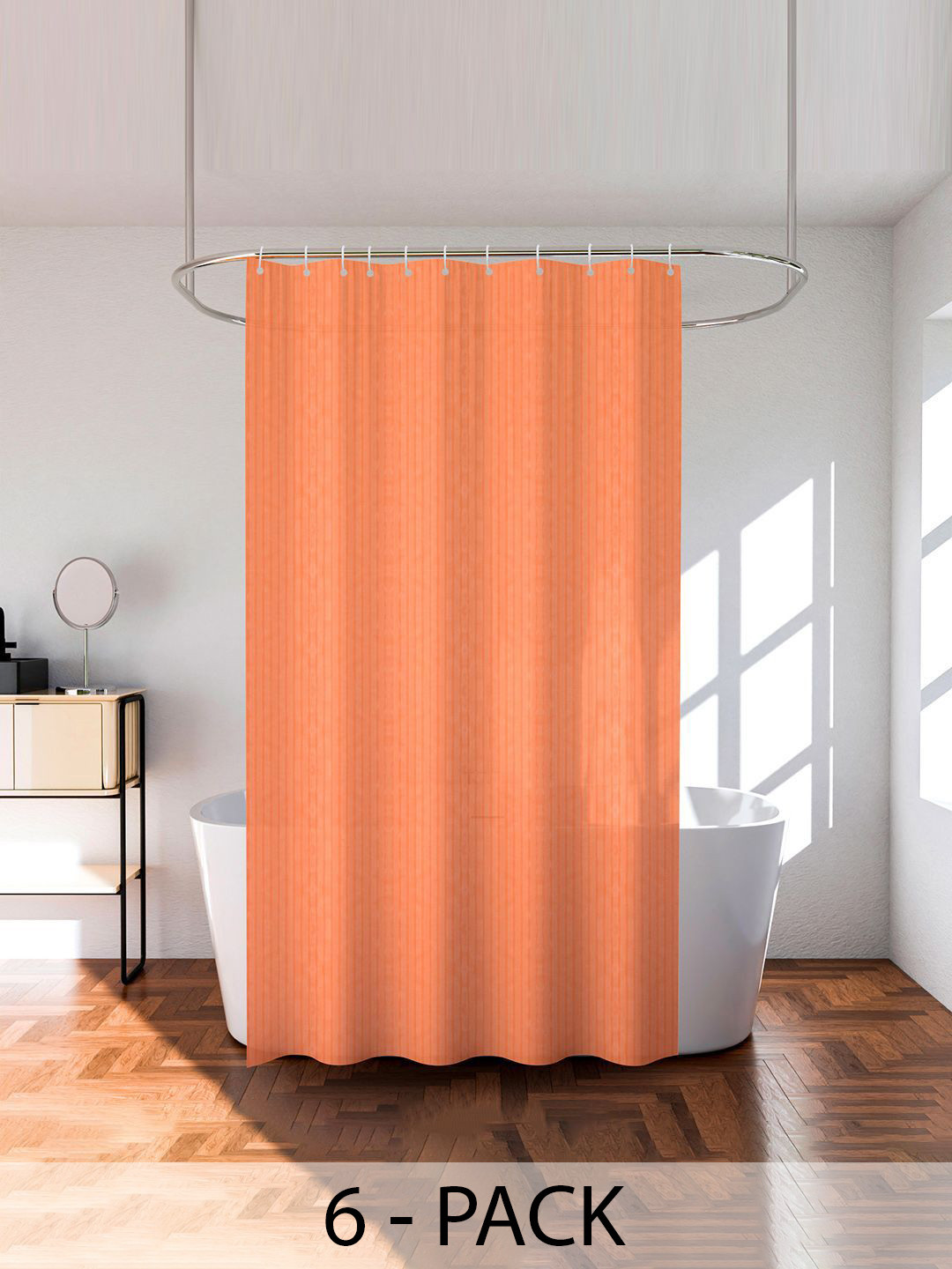 Kuber Industries Orange 6 Pieces Striped Waterproof Shower Curtains With Rings