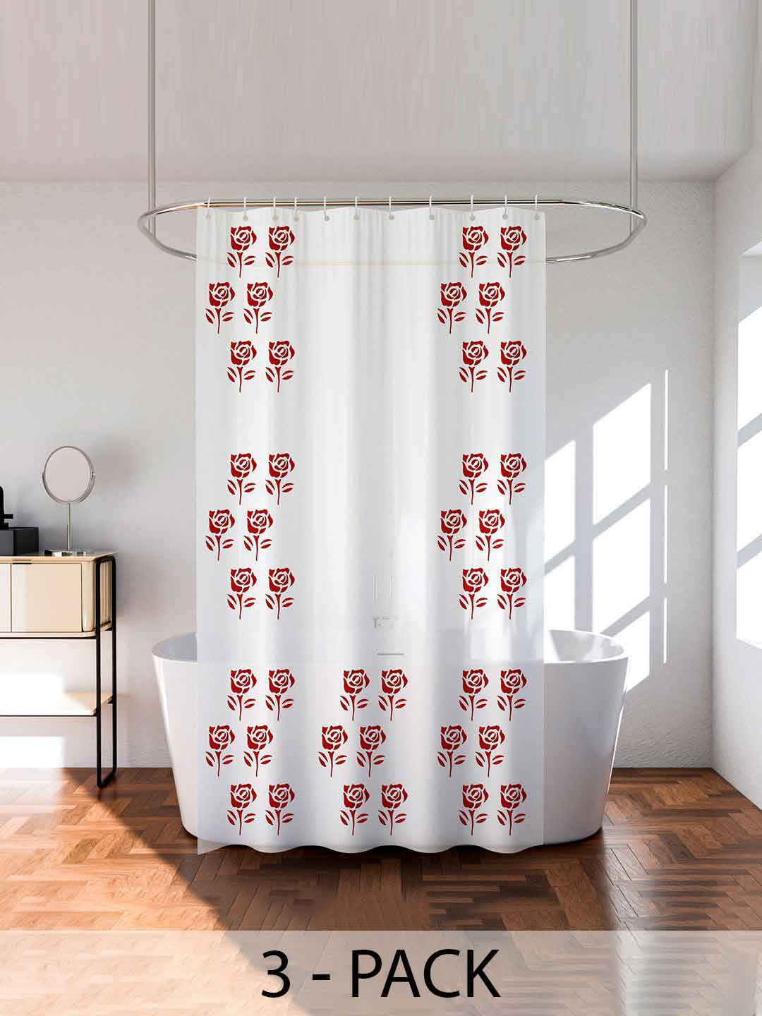 Kuber Industries White & Red 3 Pieces Floral Printed Shower Curtain With Rings