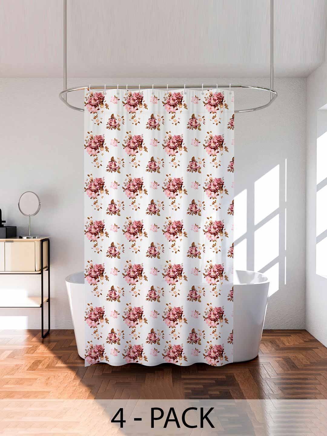 Kuber Industries Transparent & Purple 4 Pieces Printed Shower Curtain With Rings