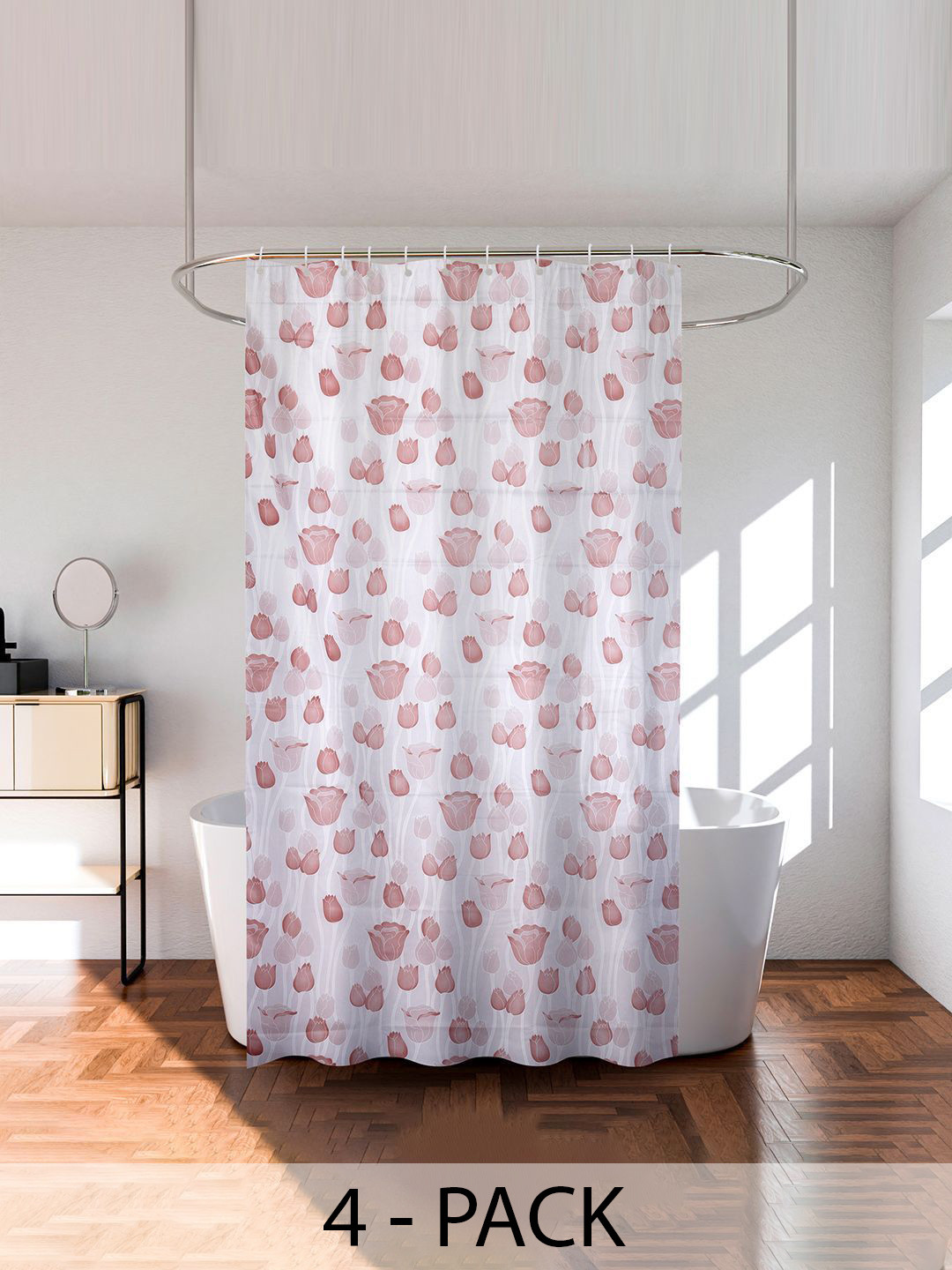 Kuber Industries Transparent & Brown 4 Pieces Printed Shower Curtain With Rings