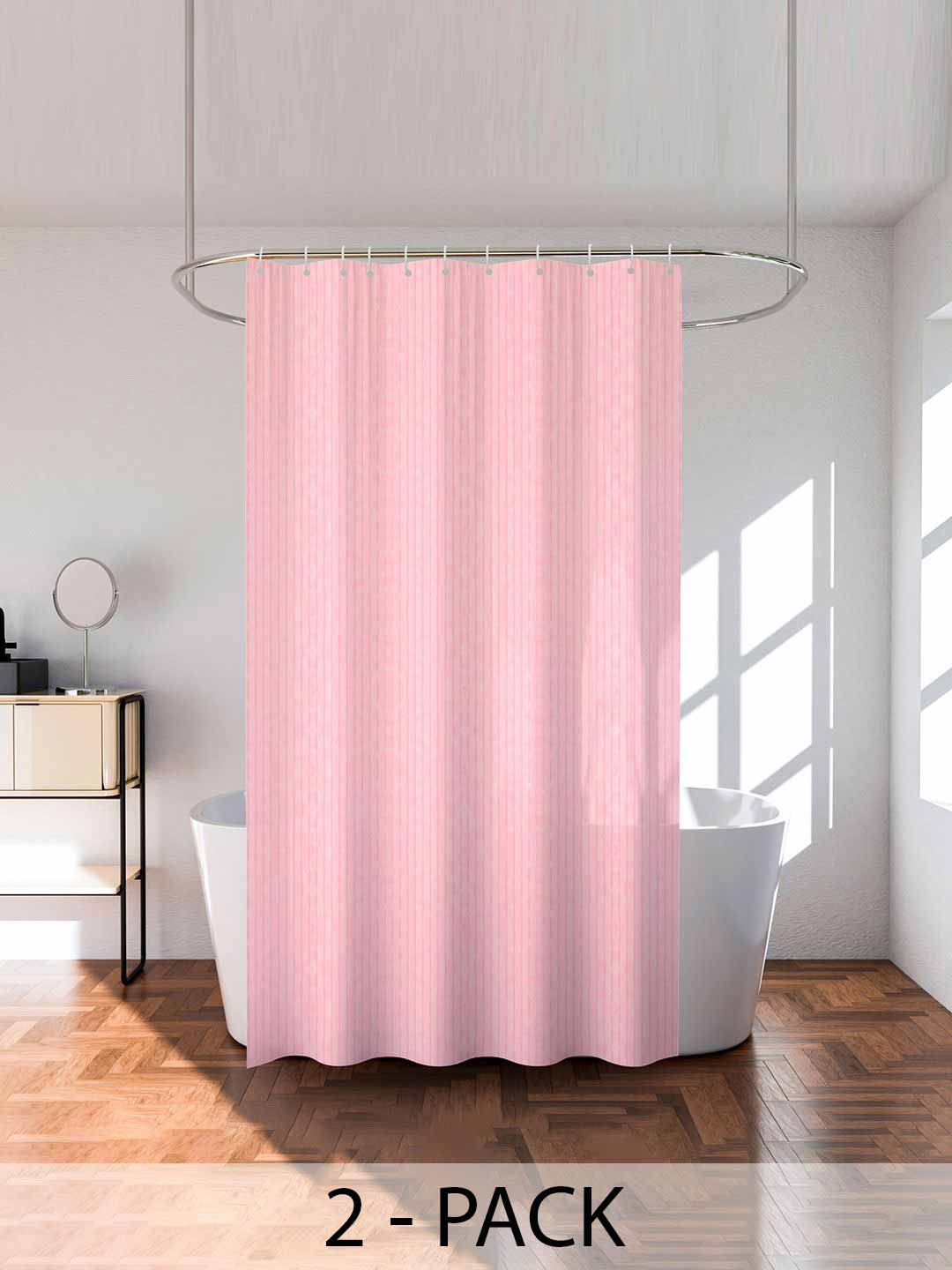 Kuber Industries Pink 2 Pieces Striped Shower Curtain With Rings