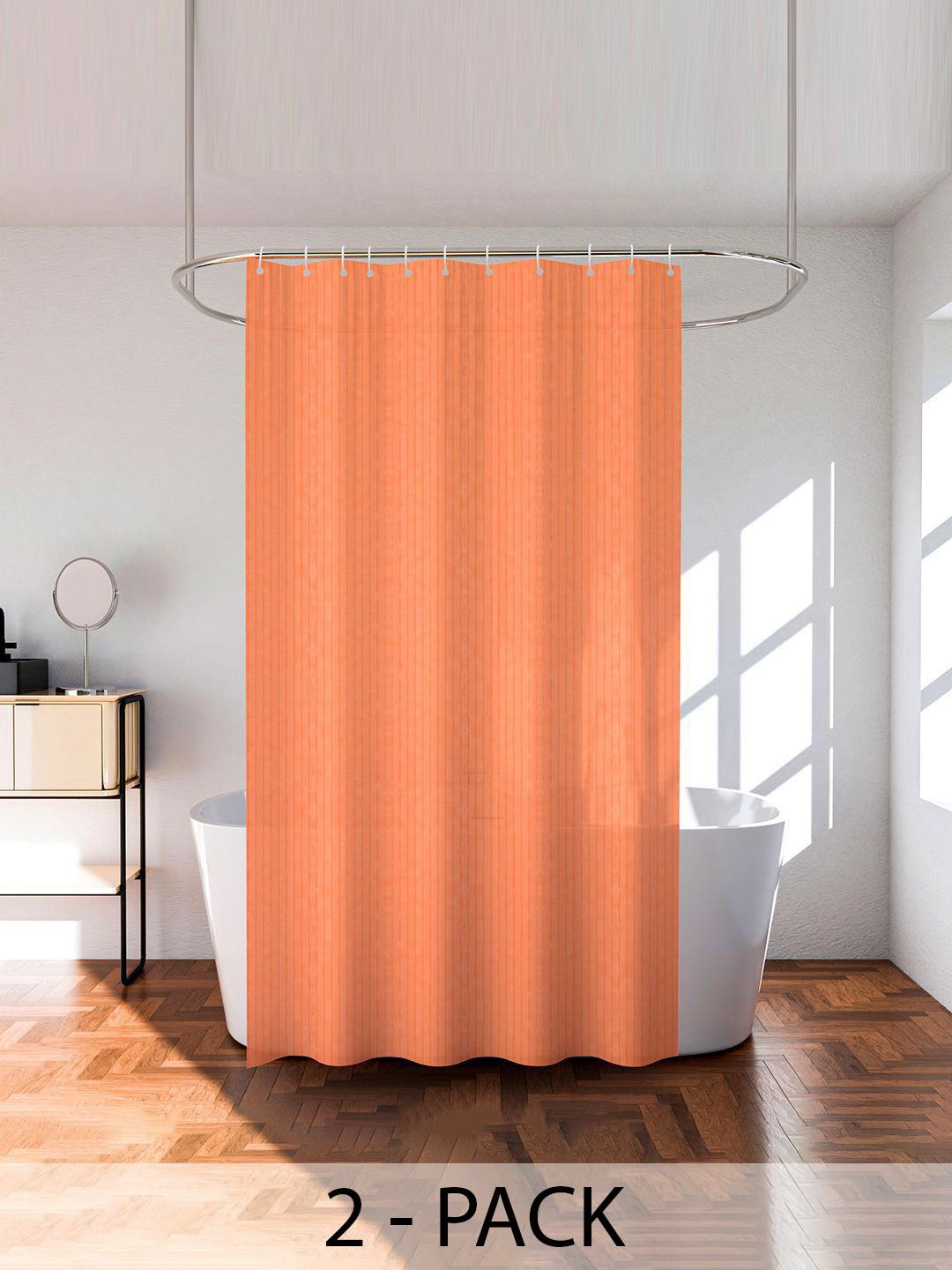 Kuber Industries Set of 2 Orange Striped Shower Curtain with Rings