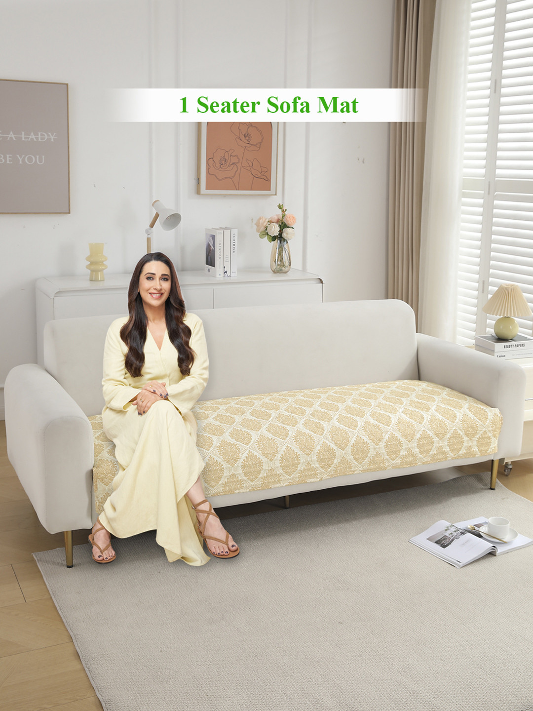 HOKIPO Ogee Ivory Polyester Printed Quilted 1 Seater Sofa Cover Seat Mat