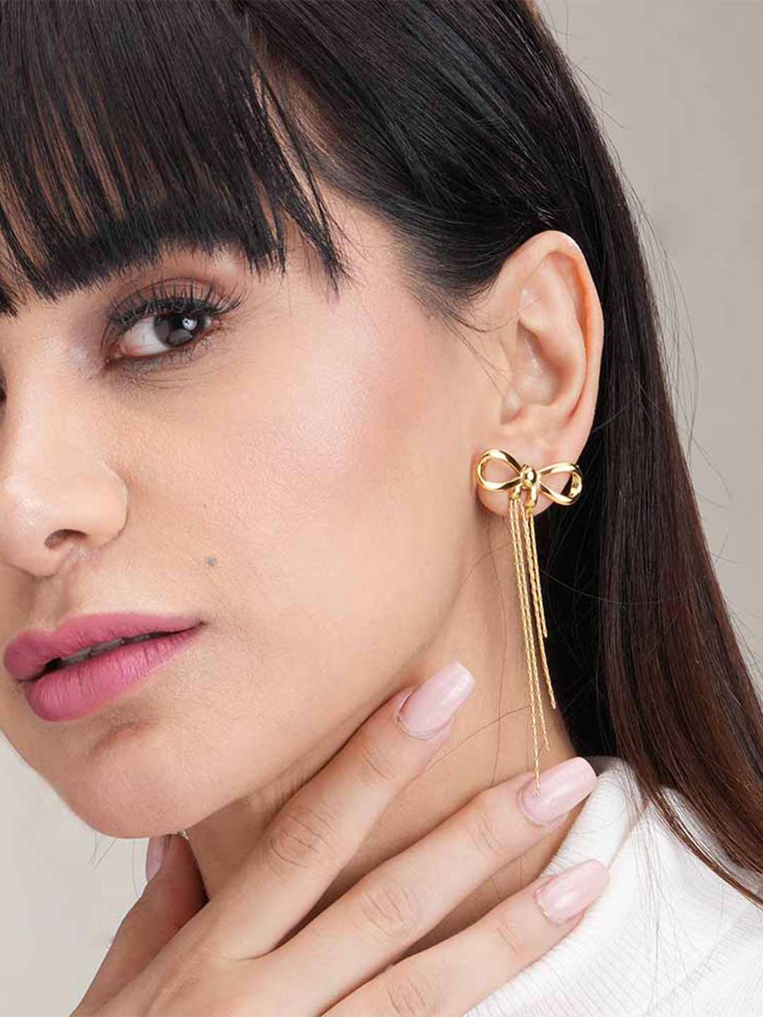 PALMONAS Gold-Plated Bow and Tassel Drop Earrings