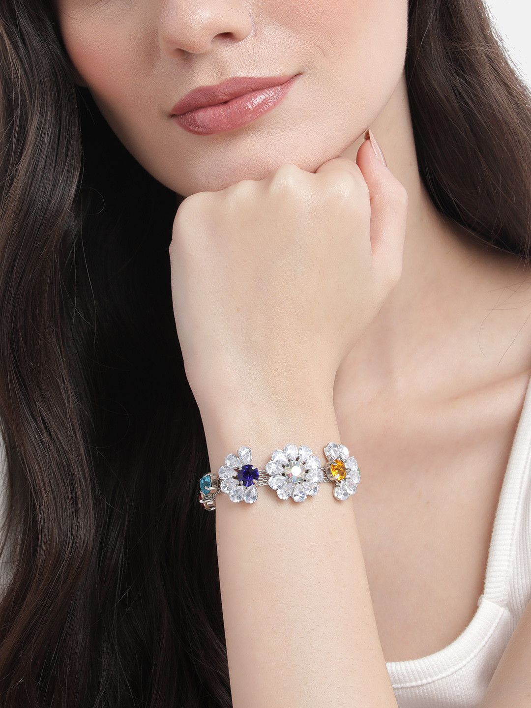 MANSIYAORANGE Rhodium-Plated AD Studded Adjustable Link Bracelet