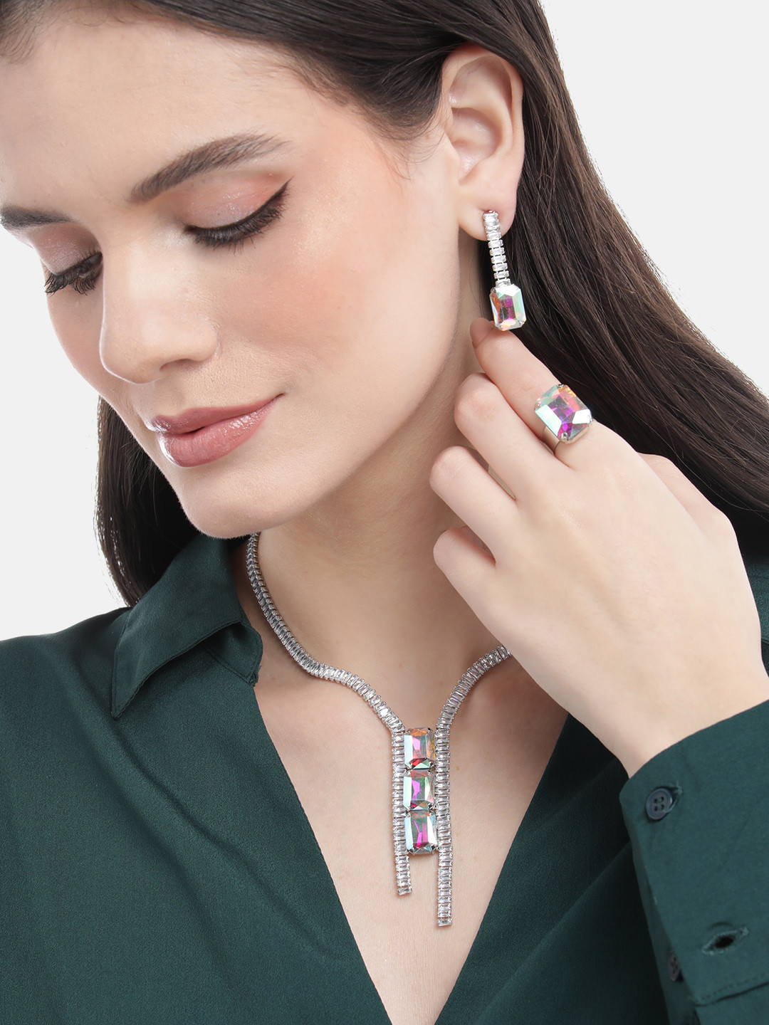 Mansiyaorange Rhodium Crystal AD Gemstone-Studded Jewelry Set