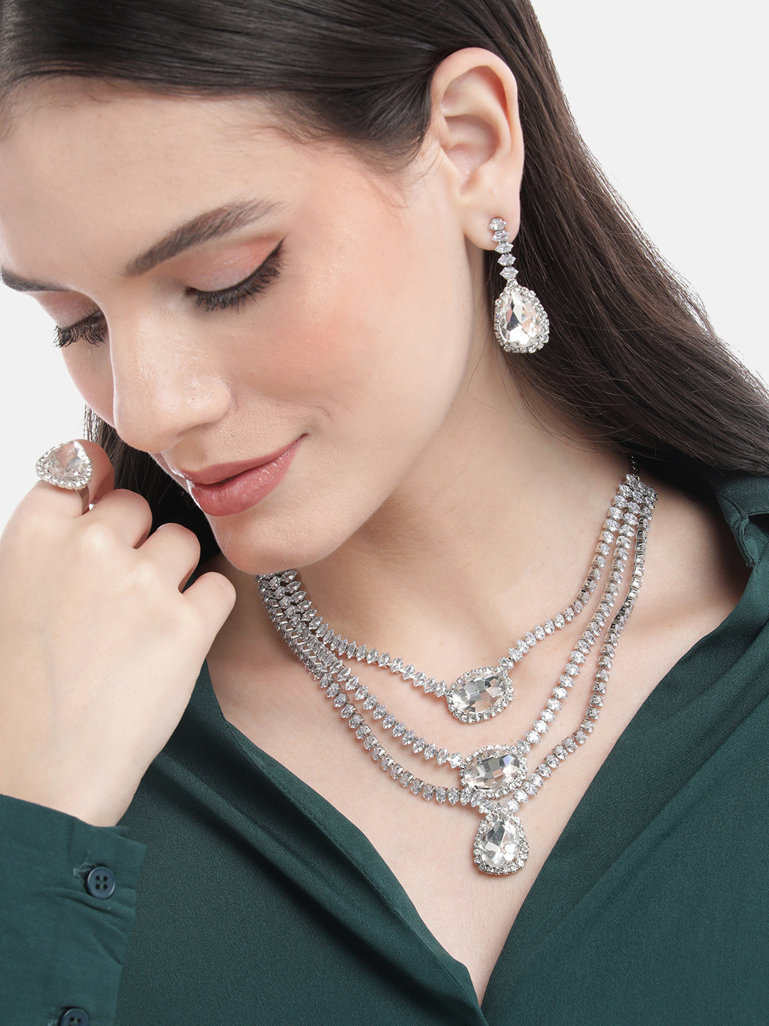 Mansiyaorange Rhodium White Crystal AD Gemstone-Studded Jewelry Set