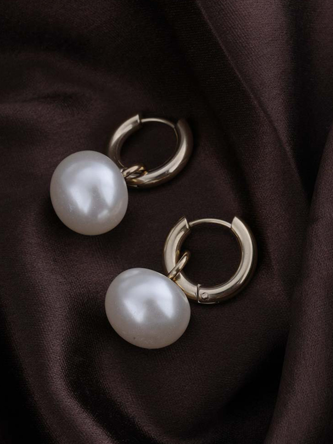 PALMONAS Stainless Steel Gold-Plated Pearl Beaded Circular Hoop Drop Earrings
