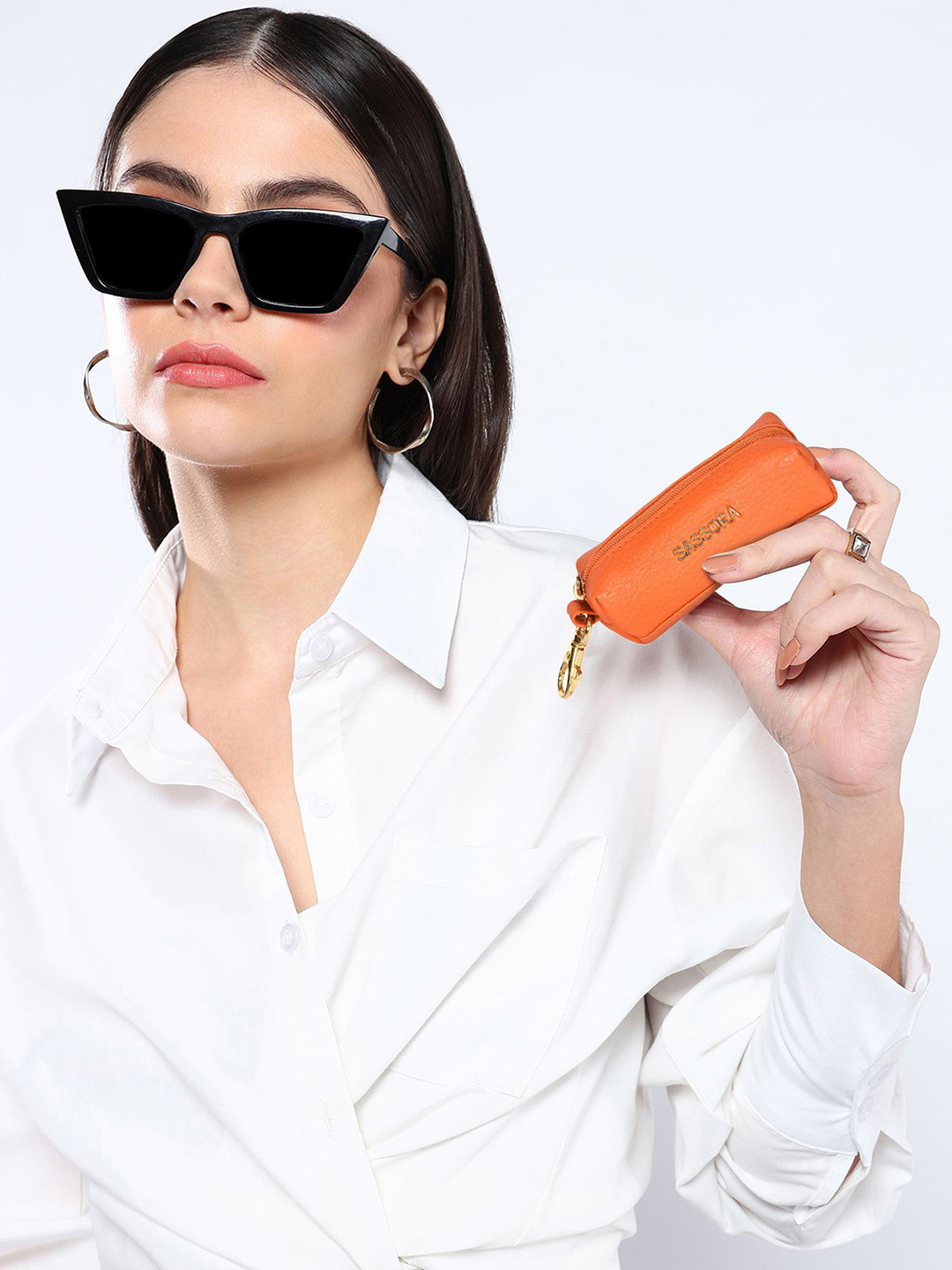 Sassora Orange Colored & Gold Toned Leather Key Pouch