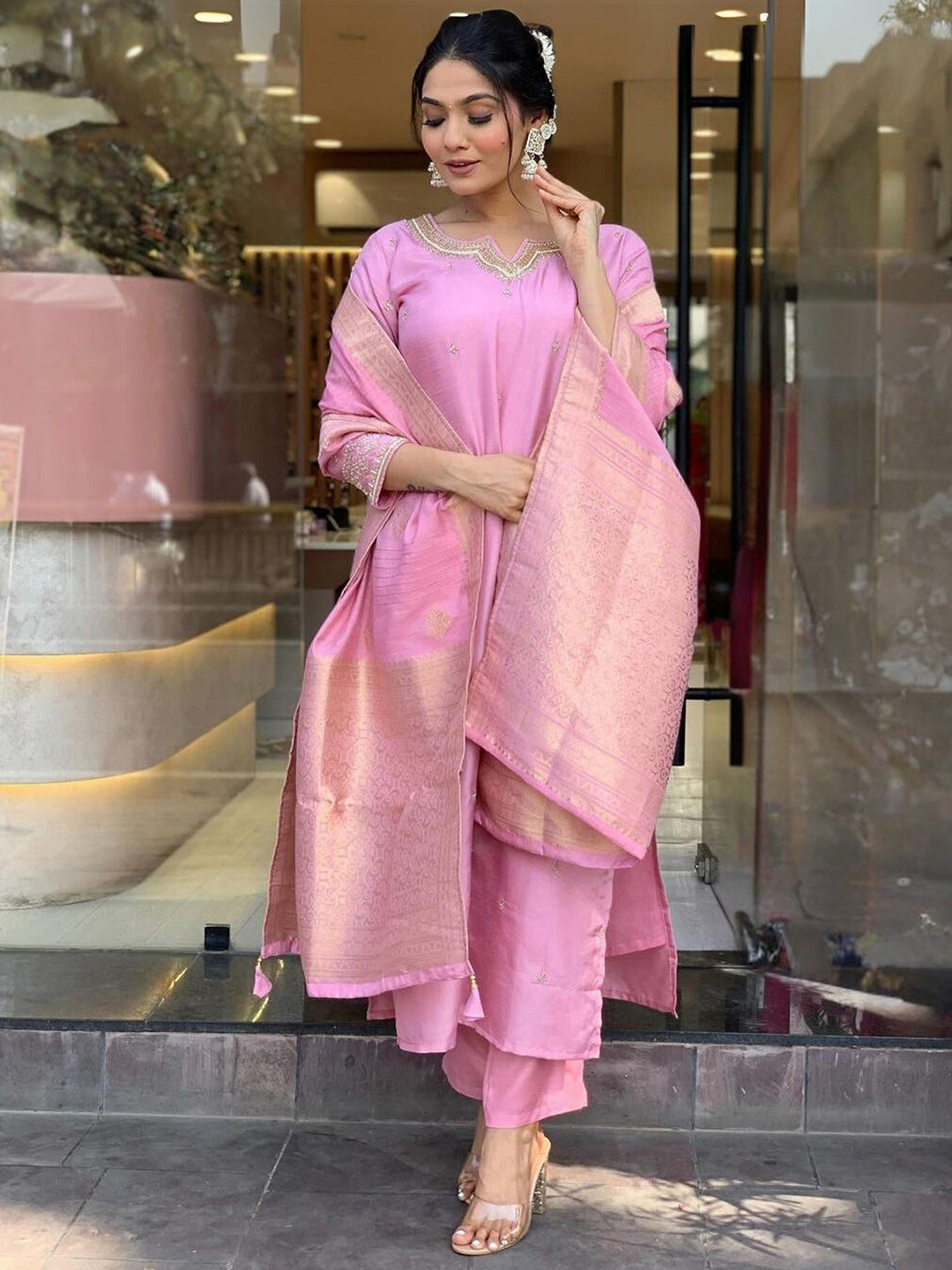 KALINI Floral Embroidered Regular Chanderi Silk Straight Kurta with Trousers & Dupatta