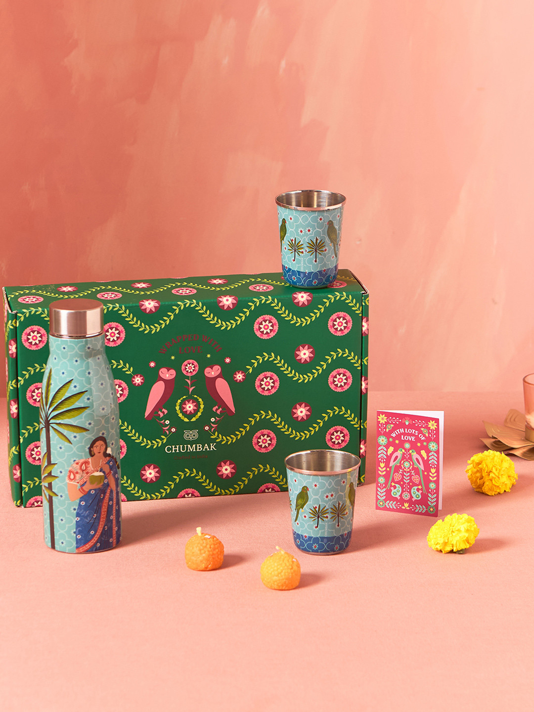 Chumbak Chettinad Teal-Blue & White 4 Pieces Printed Stainless Steel Drinkware Gift Sets