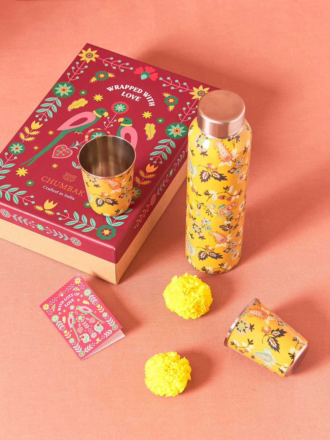 Chumbak Pixel Yellow & Blue 3 Pieces Printed Stainless Steel Drinkware Gift Set - 180 ml