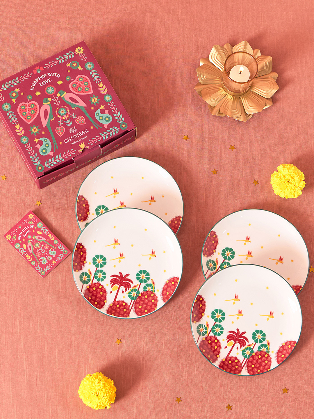 Chumbak White & Red 4 Pieces Printed Glossy Easy to Clean Plates