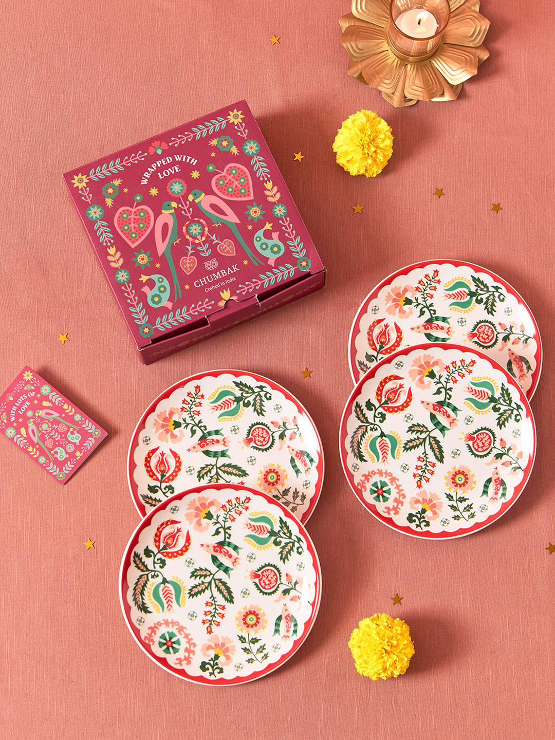 Chumbak White & Green 4 Pieces Printed Snack Plates