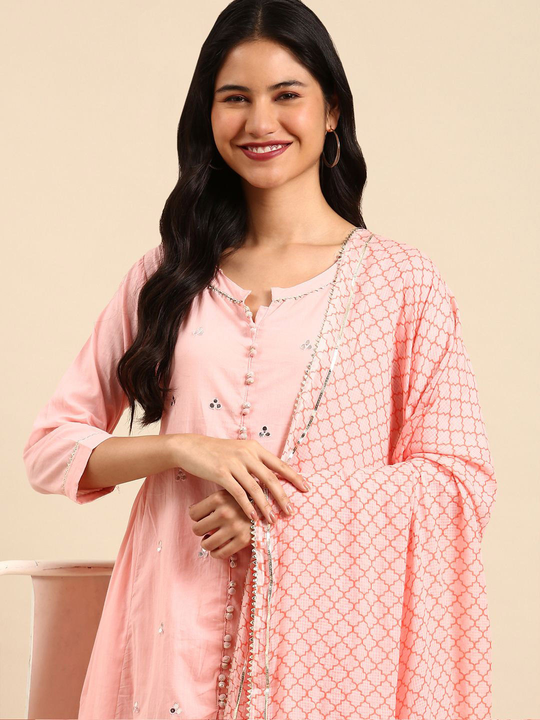 SHOWOFF Pleated Mirror Work Anarkali Kurta with Palazzos & Dupatta
