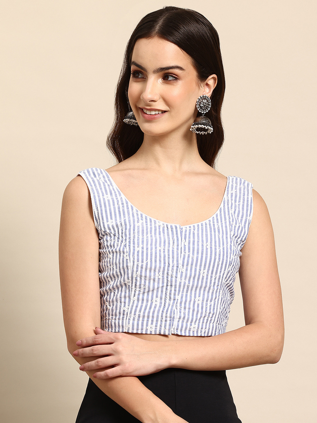 Molcha Striped Pure Cotton Saree Blouse With Embroidered Detail