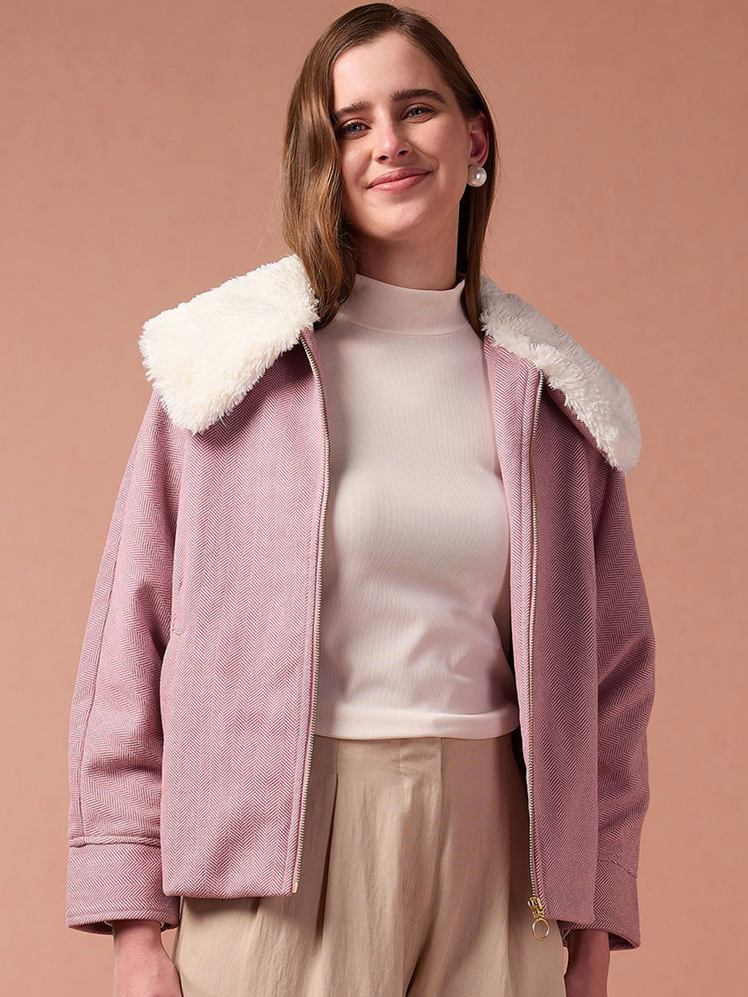 U.S. Polo Assn. Women Faux Fur Trim Spread Collar Bomber Jacket