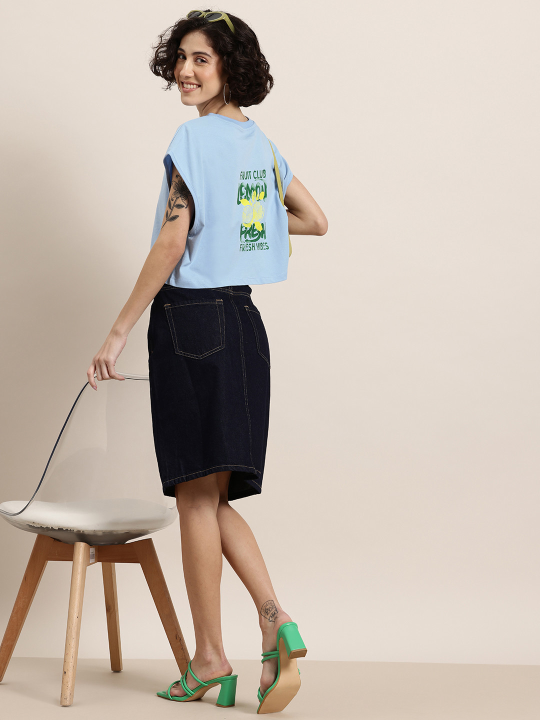 HERE&NOW Fruit Frollic Women Typography Printed Extended Sleeves Pure Cotton Boxy Crop T-shirt